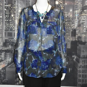Mossimo sz S Sheer Long Sleeve Blue, Purple, & Gray V-Neck Blouse with Pockets